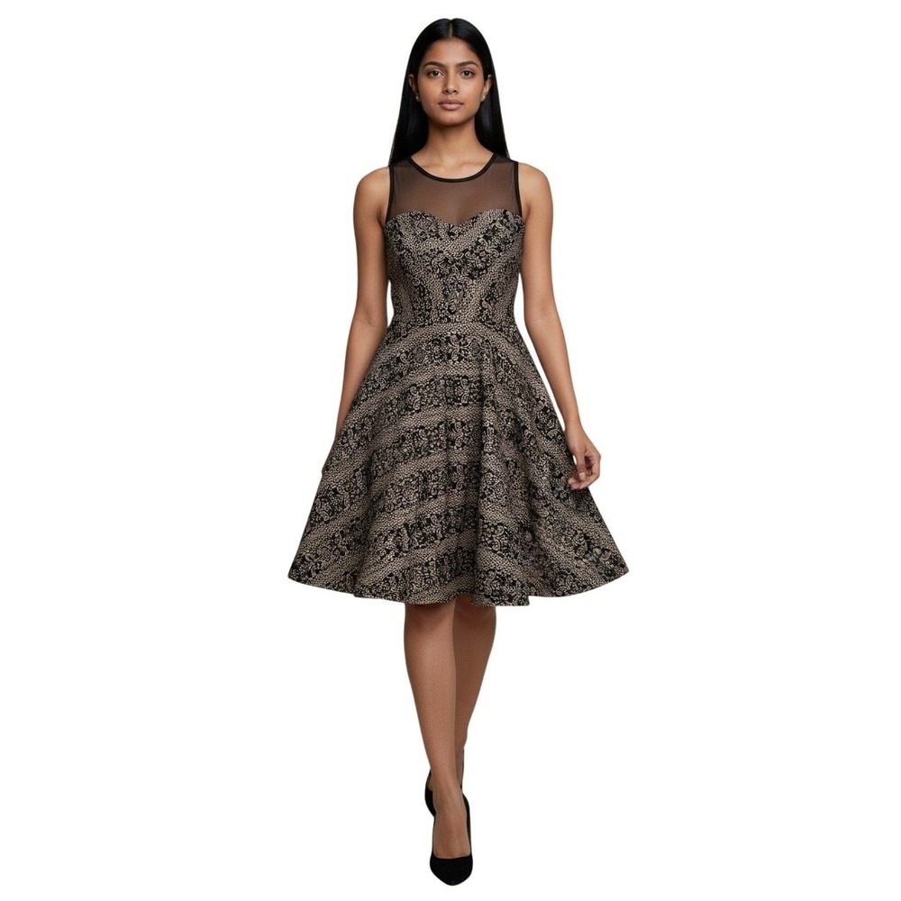 Trixxi  Black Tan Damask Lace Print Mesh Illusion Fit Flare Dress Women's Medium